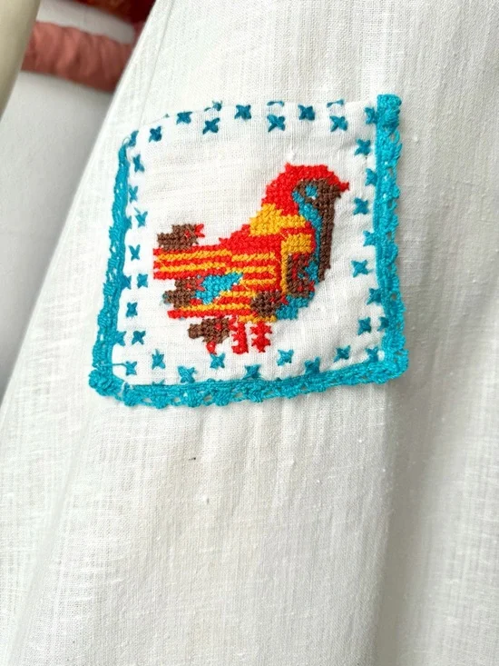 Vintage YOUNG EDWARDIAN DRESS Pinafore Ruffles Embroidered Birds 1970s Boho XS/S - Picture 9 of 11